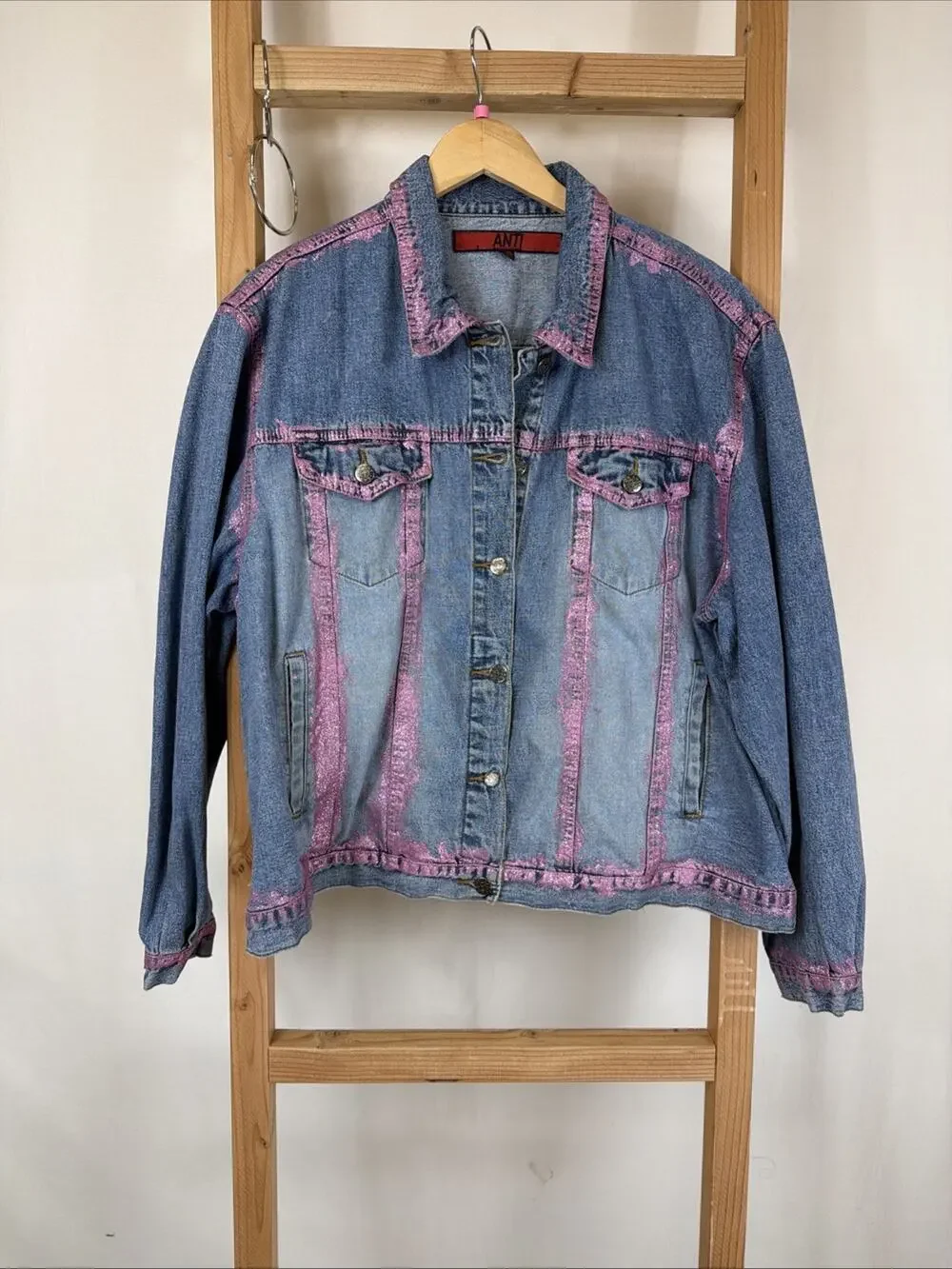 Anti Blue Pink Glitter Details Pockets Button Up Denim Jacket #1280 Size 2X